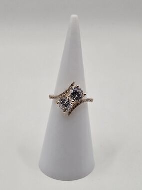 Rose Gold Double Stone Swirl 925 Ring - Pink Crystal Accent
